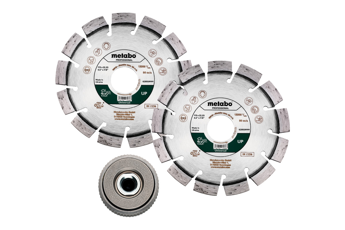 Set : 2 x meules de tronçonnage diamantées 115x22,23mm, « UP » + 1 x écrou de serrage rapide M 14 (628581000) 